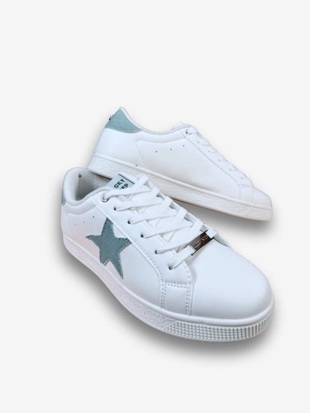 Lucky Step White Star Fashion Sneakers Denim Detail Vegan Leather Lace Up 11
